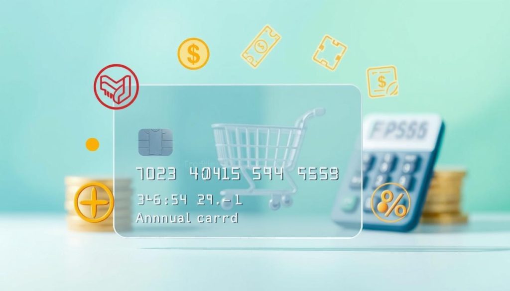 A close-up illustration of a transparent credit card displaying various fees and charges, like annual fees, late payment fees, and foreign transaction fees, artistically highlighted around the card. The foreground features the credit card prominently, surrounded by icons of coins, dollar bills, and percentage signs to symbolize financial concepts. In the middle, there's a blurred shopping cart and a calculator to evoke spending and budgeting. The background is a soft gradient of blue and green, suggesting a calm financial atmosphere with soft lighting to enhance clarity. The scene is professionally styled, emphasizing a sense of understanding and approachability in dealing with credit card fees, aiming for an informative yet friendly mood.