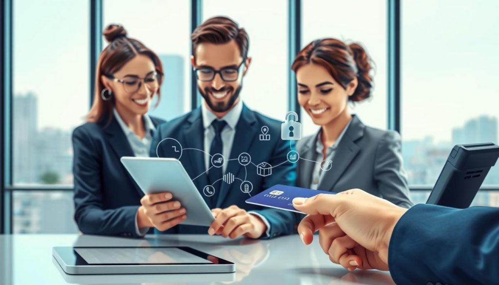 A detailed illustration of the credit card payment process, featuring a modern, well-lit office environment. In the foreground, a diverse group of three business professionals (two men and one woman) in business attire are interacting with a sleek tablet that displays a digital payment interface. The middle layer includes a close-up of a credit card being tapped on a point-of-sale terminal, with visual cues like data flow graphics and digital security icons to indicate the transaction process. In the background, a window reveals a cityscape, adding depth and context to the scene. The lighting is bright and professional, creating an inviting atmosphere that suggests efficiency and trust in the credit card payment system.