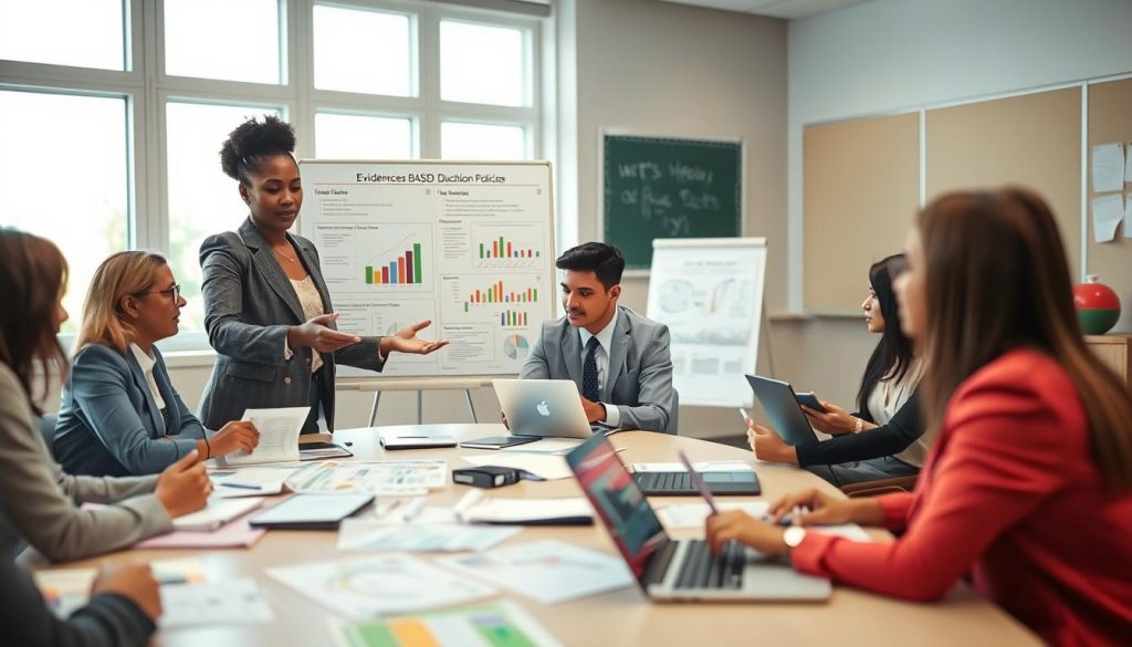 A diverse group of professional educators engaged in a collaborative meeting around a large table filled with documents, charts, and laptops, depicting a vibrant brainstorming session. In the foreground, a middle-aged Black woman in a smart blazer gestures towards a large presentation board illustrating graphs and statistics about evidence-based education policies. In the middle, a young Hispanic man taking notes on a tablet, while a South Asian woman in business attire works on a laptop. The background features a bright, modern classroom environment with large windows letting in natural light, creating an optimistic atmosphere. Soft-focus depth of field emphasizes the teamwork spirit while capturing the seriousness of education reform discussions, evoking a mood of hope and proactive change.