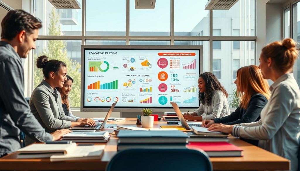 A dynamic classroom setting illustrating "education system reforms." In the foreground, a diverse group of professional-looking educators collaborate around a table filled with books, laptops, and educational materials. The middle layer features a large interactive whiteboard displaying innovative teaching strategies, with various charts and infographics about effective reforms. In the background, bright windows allow natural light to flood in, with a view of a modern educational institution. The atmosphere is energetic and optimistic, conveying a sense of collaboration and forward-thinking. Use soft, warm lighting to enhance the feeling of hope and progress, shot from a slightly elevated angle to capture the collaborative spirit effectively.