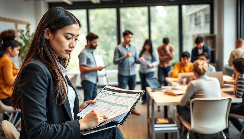 A modern blended learning environment featuring a diverse group of individuals engaged in various learning activities. In the foreground, a young woman in professional attire is focused on her laptop, with a digital planner open beside her, showcasing a personalized learning plan. In the middle, a male instructor is interacting with a group of students using a digital whiteboard, while others collaborate at tables surrounded by laptops and books. The background features a large window letting in soft, natural light, with greenery visible outside, creating an inviting atmosphere. The overall mood is one of productivity and collaboration, emphasizing the effectiveness of merging digital and traditional learning methods. Use balanced lighting, a sharp focus on the subjects, and a wide-angle view to capture the entire scene.