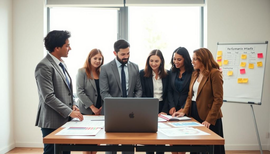 A professional setting for a student performance evaluation. In the foreground, a diverse group of three educators, dressed in smart business attire, engage in a thoughtful discussion around a table covered with documents and a laptop displaying performance metrics. The middle ground features a large window allowing soft natural light to flood in, illuminating graphs and charts on the table. In the background, a whiteboard displays colorful post-it notes with evaluation criteria, fostering an atmosphere of collaboration and innovation. The mood is focused yet optimistic, reflecting a progressive approach to assessment reform in education. The shot is taken from a slightly elevated angle, showcasing the interactions among the educators while emphasizing the educational context.