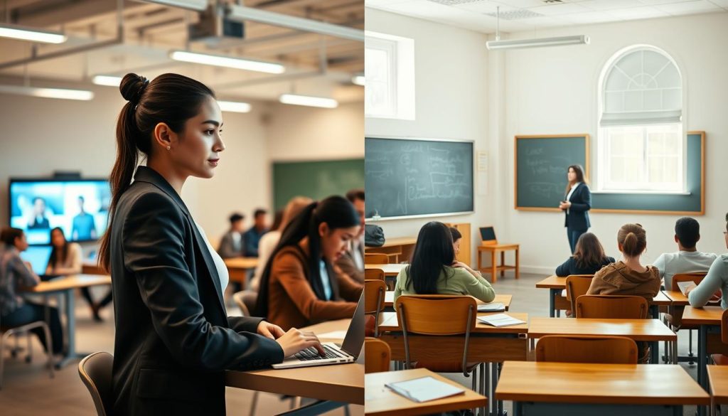 A vivid comparison between digital learning and traditional learning, showcasing a split scene. On the left, a modern classroom featuring a diverse group of students engaged with laptops and tablets, illuminated by bright, soft lighting that emphasizes a tech-savvy environment. In the foreground, a focused young woman in business attire studies at a desk, bright screens displaying interactive educational content behind her. On the right, a classical classroom with wooden desks, a chalkboard, and a teacher explaining a lesson to attentive students. The atmosphere here is warm and nostalgic, with natural light filtering through a window. The image captures the contrast between innovation and tradition, inviting viewers to ponder the evolution of education.