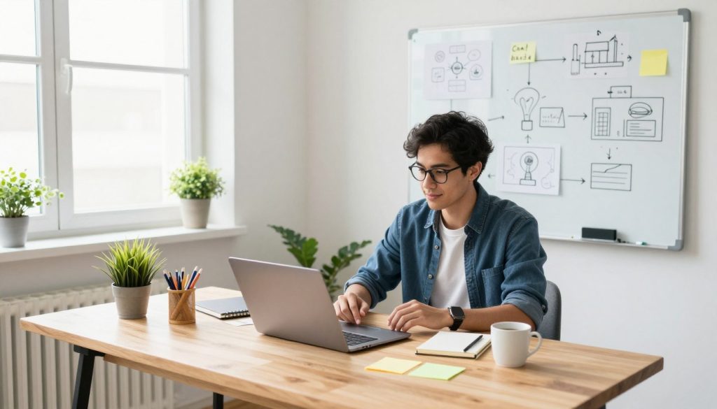 A bright and inviting workspace set up for a low-investment business, featuring a minimalist wooden desk with essential office supplies like a laptop, notepad, and potted plants. In the foreground, a young entrepreneur in smart-casual attire is brainstorming ideas, surrounded by notes and a coffee mug. The middle scene depicts a whiteboard filled with ideas and diagrams about business strategies. In the background, a window allows natural light to flood the space, enhancing the sense of creativity and inspiration. The atmosphere is optimistic and energetic, symbolizing the start of a new venture. The shot is taken from a slightly elevated angle to capture both the desk and the whiteboard clearly, with soft, balanced lighting creating a warm and welcoming mood.