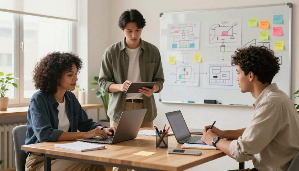 A cozy home office setting with a large desk, where a diverse group of three professionals – a woman and two men – are engaged in brainstorming online business ideas. The woman, dressed in smart casual attire, is sitting at the desk, typing on a laptop, while one man is standing beside her, holding a tablet, and the other man is sitting across the desk taking notes. In the background, a whiteboard filled with colorful sticky notes and diagrams illustrates various digital business concepts. The room is warmly lit with natural light streaming through a window, creating a collaborative and inspirational atmosphere. The scene is shot from a slight angle, capturing both the individuals and the creative workspace, emphasizing innovation and teamwork.