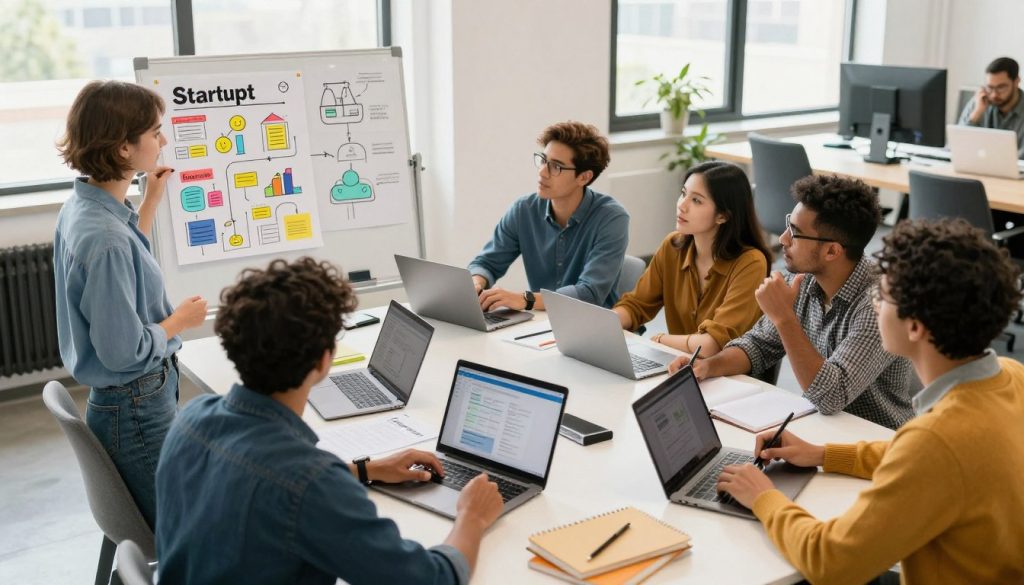 A diverse group of aspiring entrepreneurs gathered around a table, brainstorming low-investment startup ideas. In the foreground, a young woman with short hair presents a colorful startup idea poster, while seated individuals of varying ethnic backgrounds engage attentively, jotting down notes on laptops. The middle ground features a whiteboard filled with diagrams of business concepts, and various business tools like laptops and notepads scattered around. In the background, a modern office environment with large windows allowing natural light to stream in, creating an optimistic, inspiring atmosphere. The lighting is bright and warm, giving a sense of creativity and collaboration, captured from a slight overhead angle to show the team dynamic.