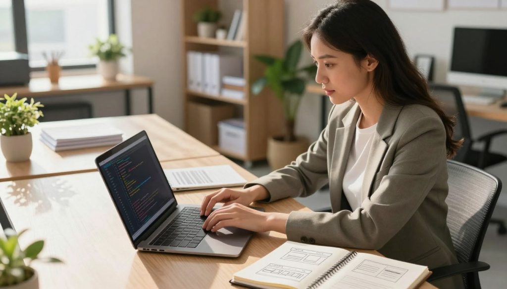A modern workspace designed for website development. In the foreground, a laptop featuring code on its screen, surrounded by notepads and sketches of website layouts. On the middle layer, a well-dressed professional, either male or female, is intently focused on the laptop, wearing smart casual clothing. In the background, a light-filled office with shelves of organizational materials and plants, enhancing a productive atmosphere. The lighting is bright and warm, casting soft shadows to create a welcoming mood. The angle should be slightly elevated to capture the entire scene, emphasizing the dedication and creative process involved in launching an online business. The atmosphere conveys professionalism, innovation, and enthusiasm for digital entrepreneurship.